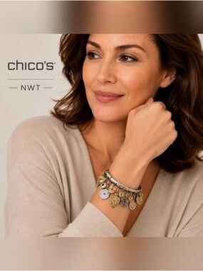 NWT Chico's Charm Bracelet Hearts Medallion Allison Mixed Metal Stretch